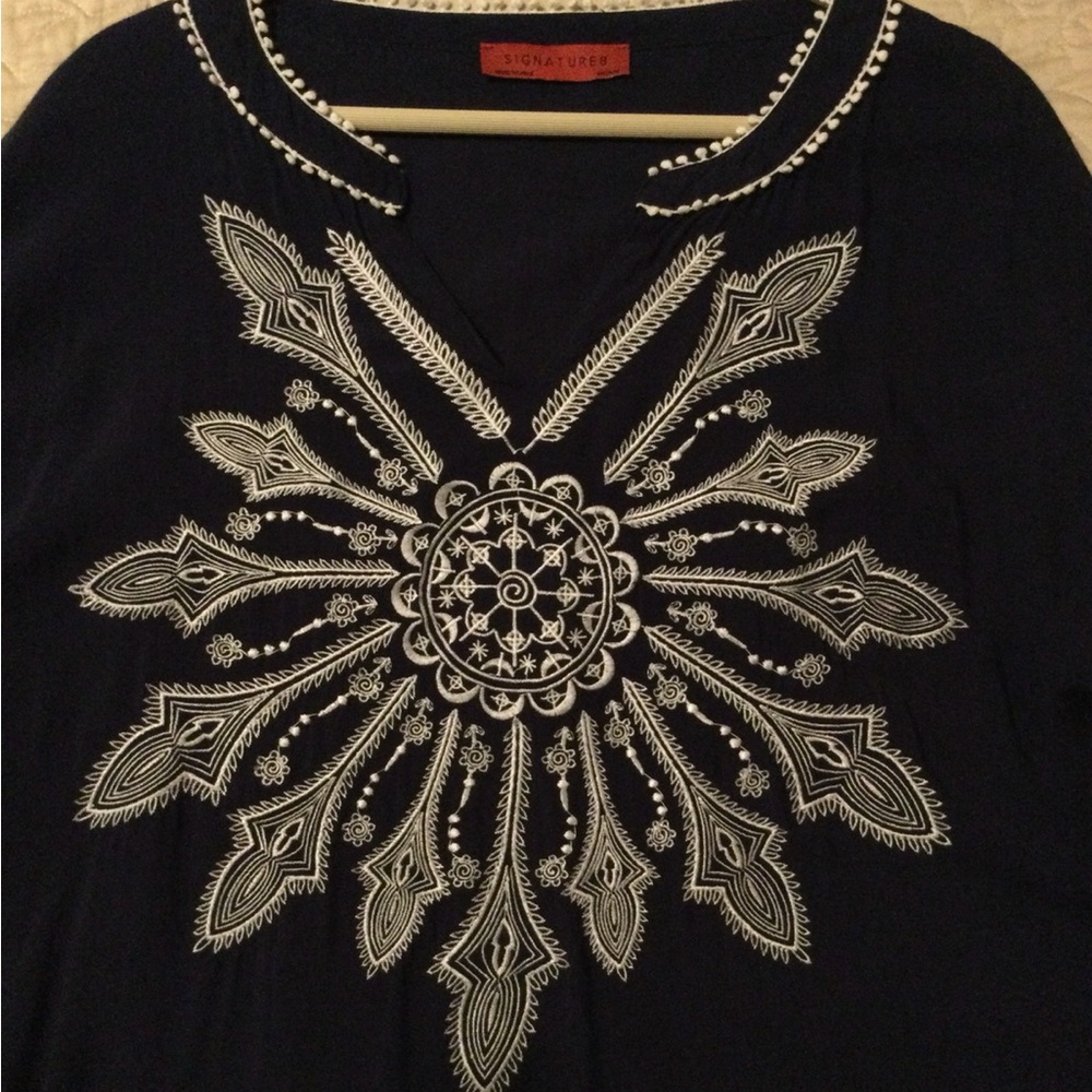Signature Navy Embroidered V-Neck Women's Top